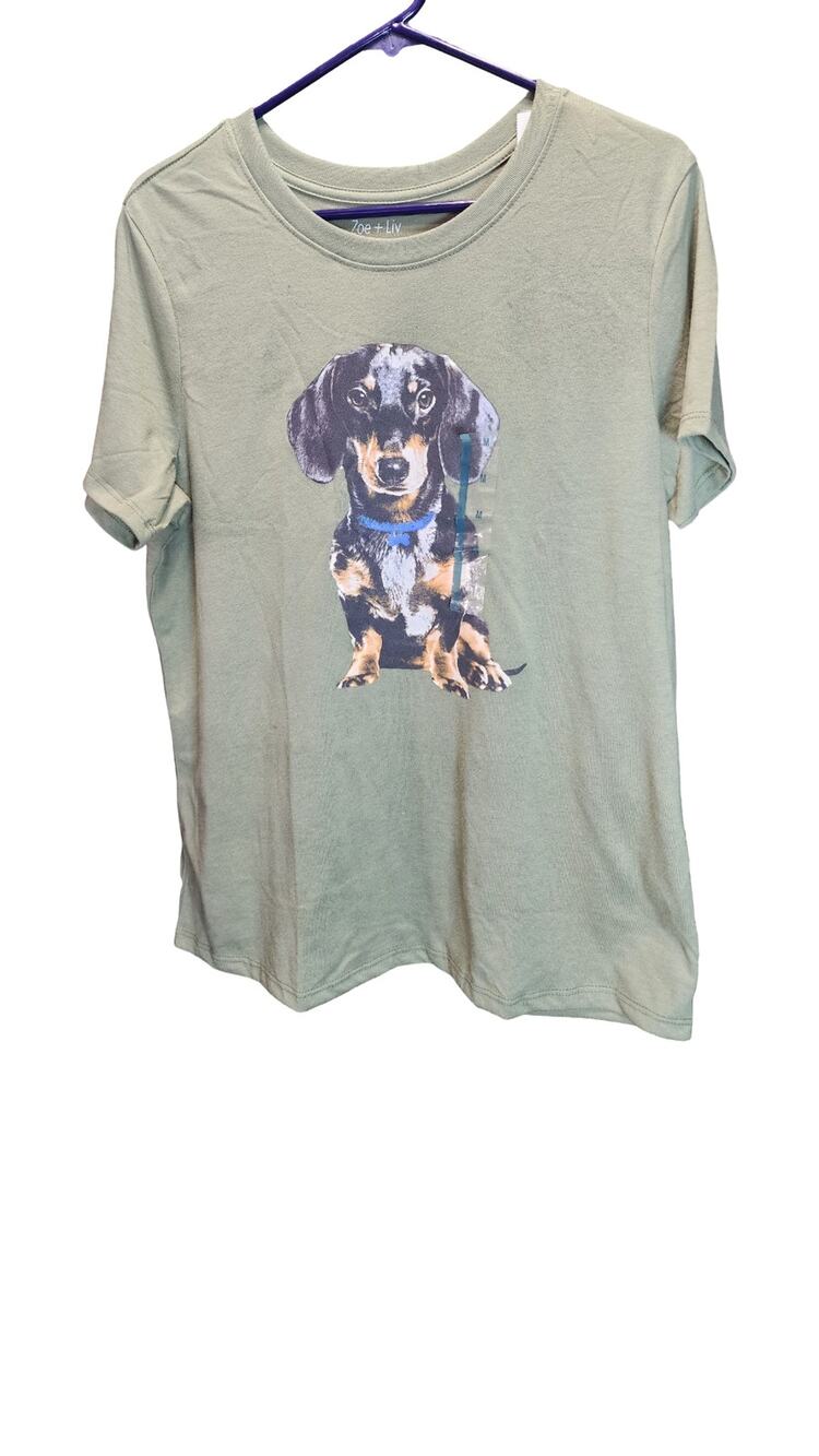 Zoe + Liv Dachshund Dog Graphic T-Shirt Olive Green Size Medium NWT